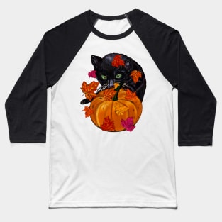 Pumpkin,maple leaf, black cat and falling autumn leaves Baseball T-Shirt